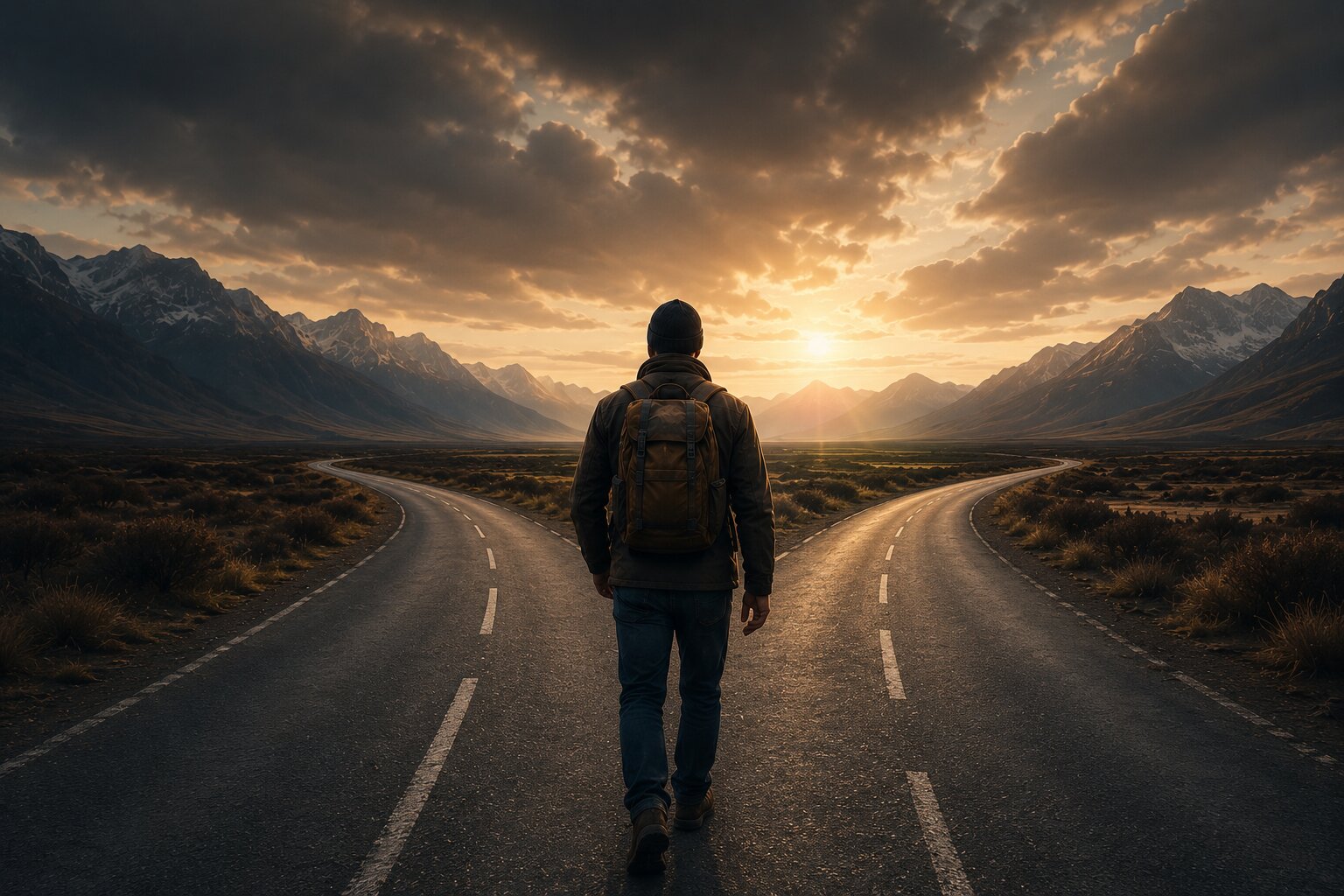 A leader standing at a fork in the road at sunrise